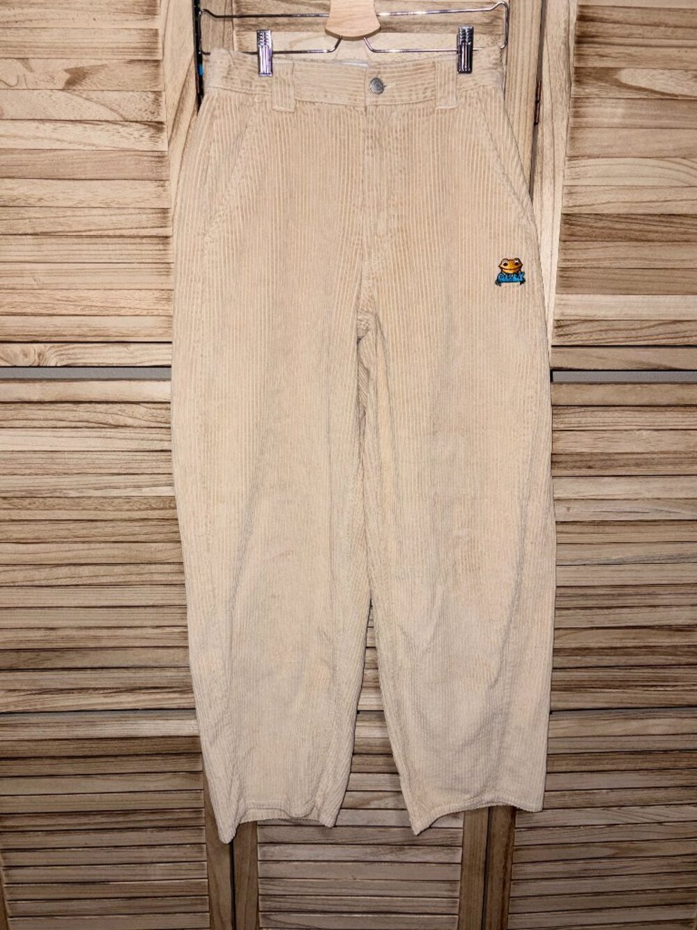 OBEY Cream Corduroy Elastic Waist Pants with Embroidered Frog | Size Small
